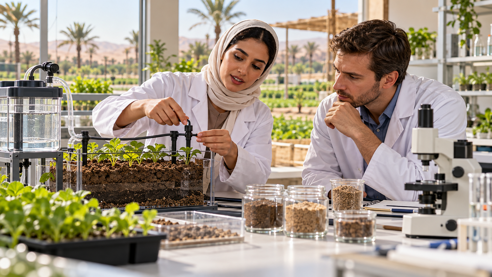 Scène fictive : deux ingénieurs examinent un dispositif d’irrigation dans un laboratoire agronomique.