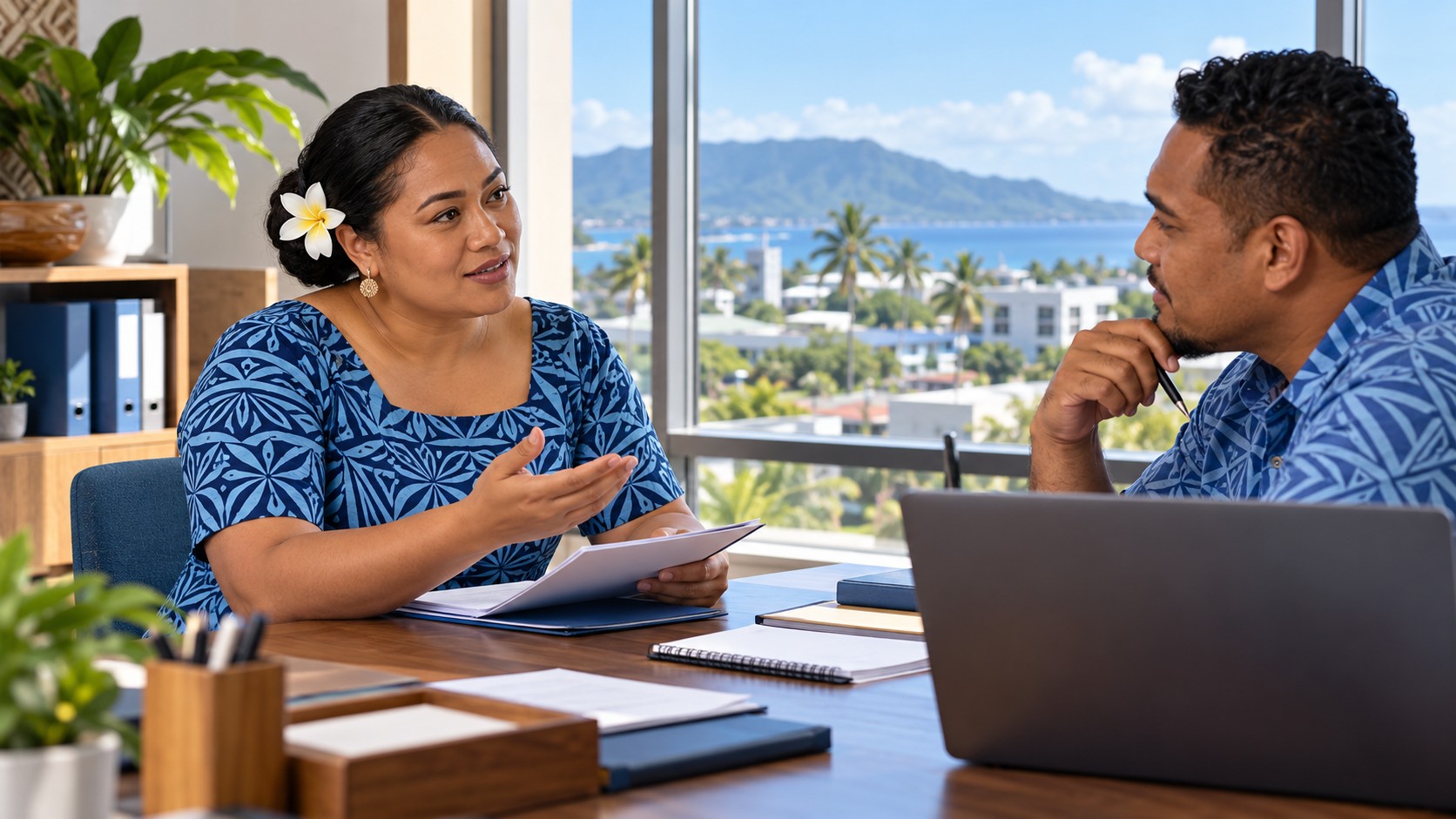 Illustration fictive : une entrepreneuse samoane présente un dossier et pose une question à un conseiller dans un bureau financier à Apia.
