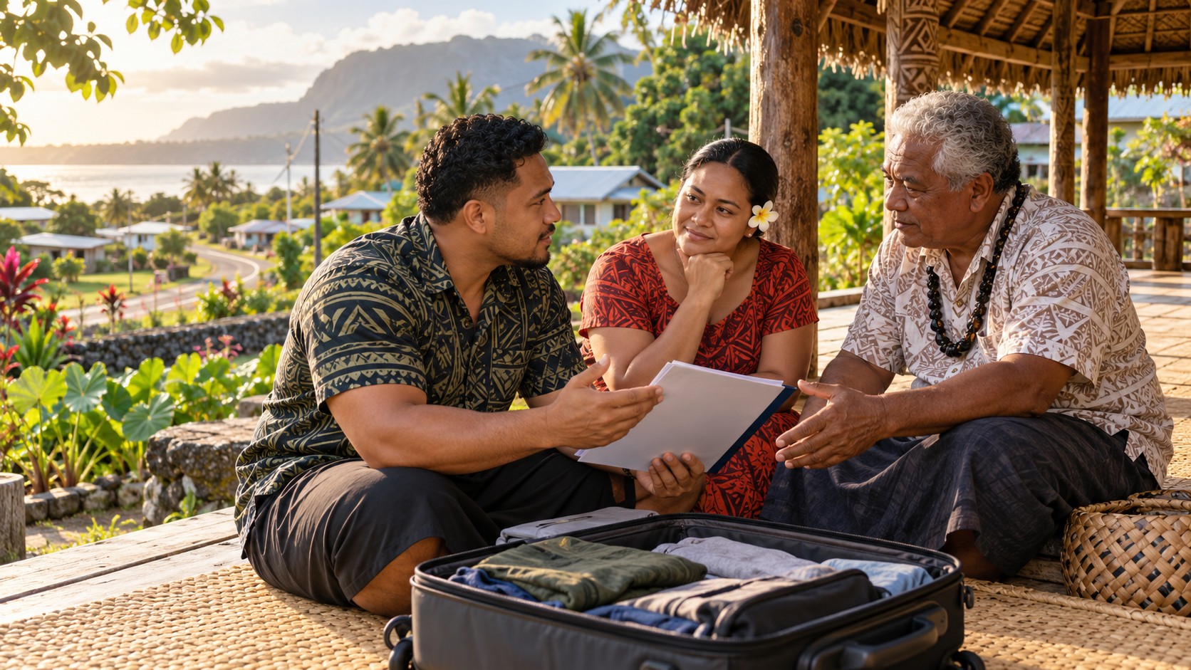 Illustration fictive : trois proches samoans discutent d’un possible départ professionnel près d’un fale à Savai’i, devant une valise ouverte.