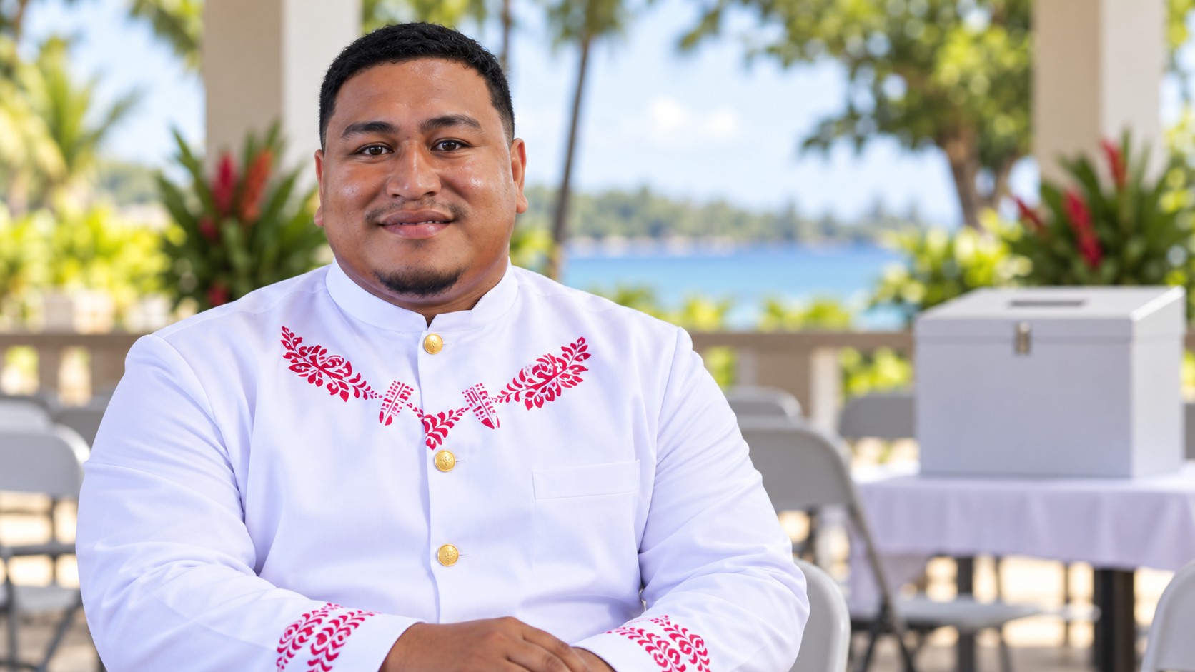 Portrait de synthèse de ʻAminiasi Tonga Pauʻu Tangimana dans un espace civique insulaire fictif, avec des chaises et une urne générique fermée.