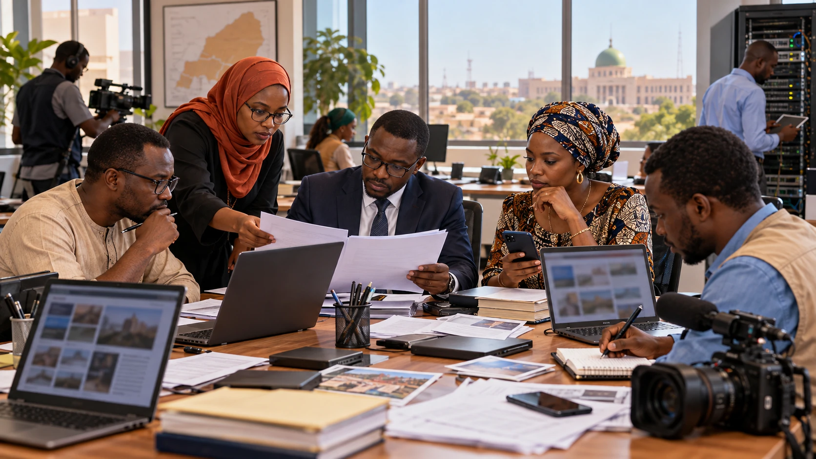 Illustration de synthèse : journalistes et juristes nigériens travaillant sur le cadre de la presse électronique dans une rédaction.