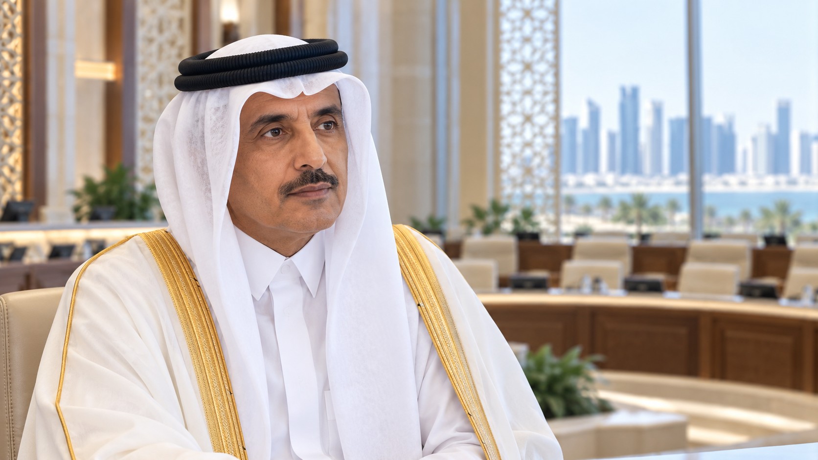 Portrait de synthèse de Hassan bin Abdullah Al Ghanim en tenue traditionnelle qatarie devant une salle de délibération fictive à Doha.
