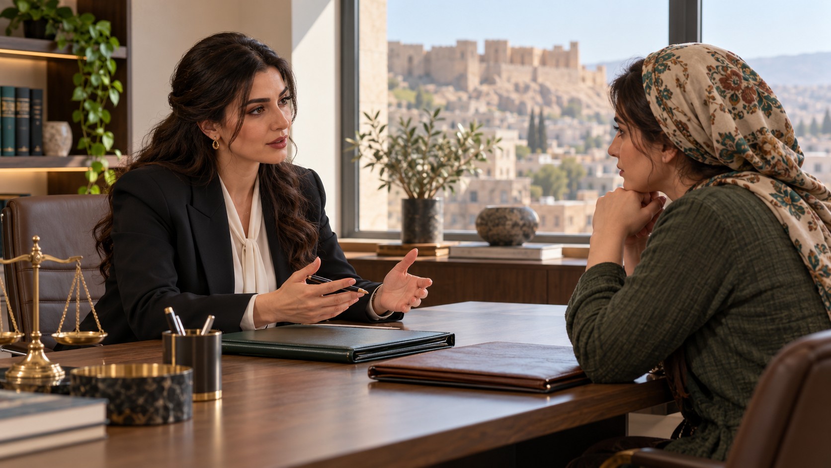 Deux femmes fictives échangent dans un bureau juridique inspiré d’Erbil, devant deux dossiers fermés.