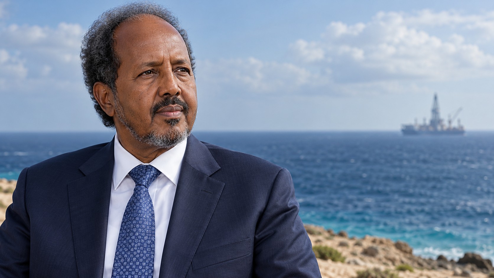 Portrait illustratif de Hassan Sheikh Mohamud devant l’océan Indien et un navire de forage lointain.