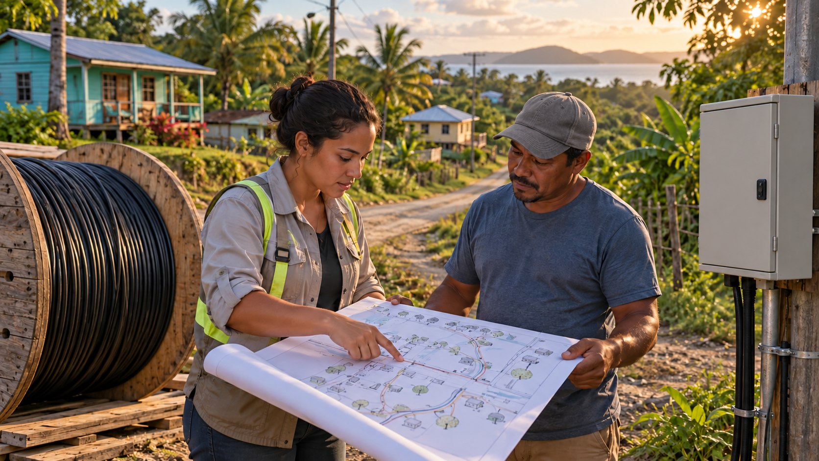 Illustration de synthèse générée par IA : une technicienne et un habitant fictifs examinent un schéma près d’une bobine de câble et d’un coffret fermé, dans un paysage rural inspiré du Belize.