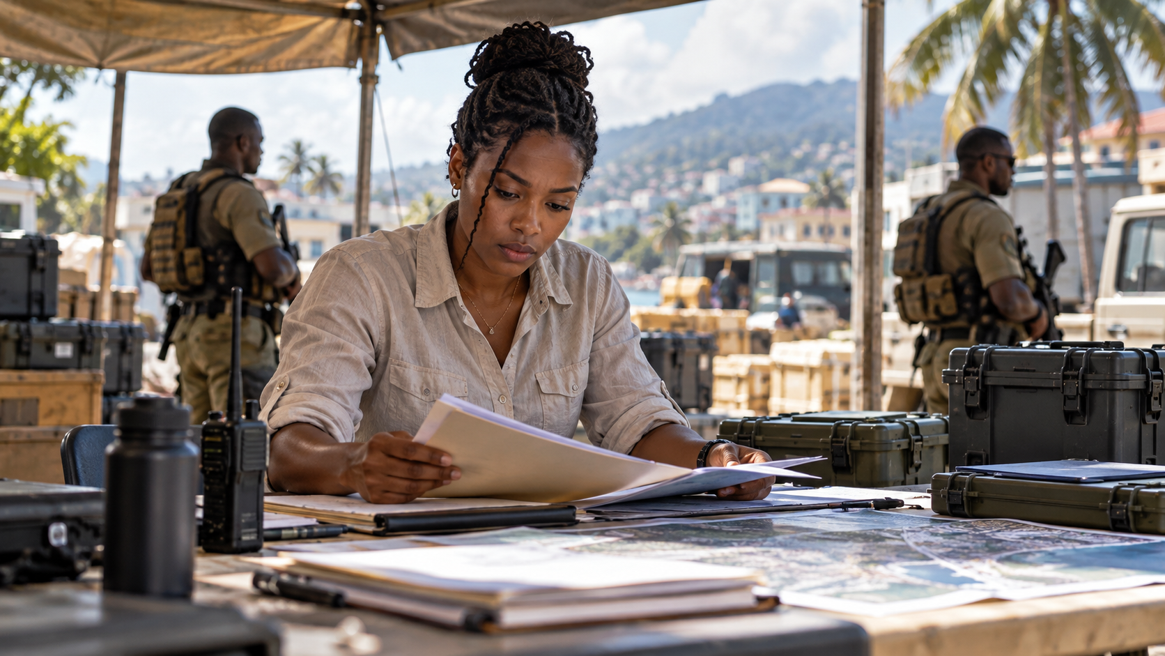 Illustration de synthèse générée par IA : une professionnelle haïtienne fictive examine des documents sous un auvent logistique, avec deux militaires anonymes sans insignes en retrait.