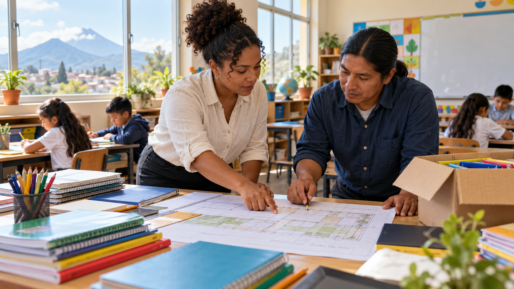 Illustration générée par IA : une enseignante afrodescendante et un enseignant autochtone examinent des fournitures et un plan de rénovation dans une classe fictive au Guatemala.