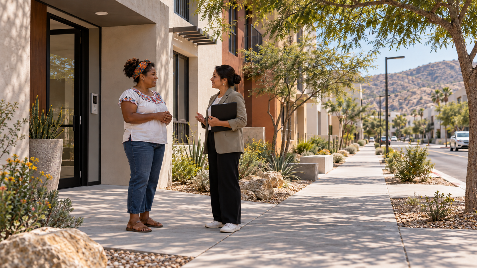 Illustration générée par IA : une habitante afromexicaine et une professionnelle du logement échangent devant un immeuble fictif accessible de faible hauteur en Basse-Californie.