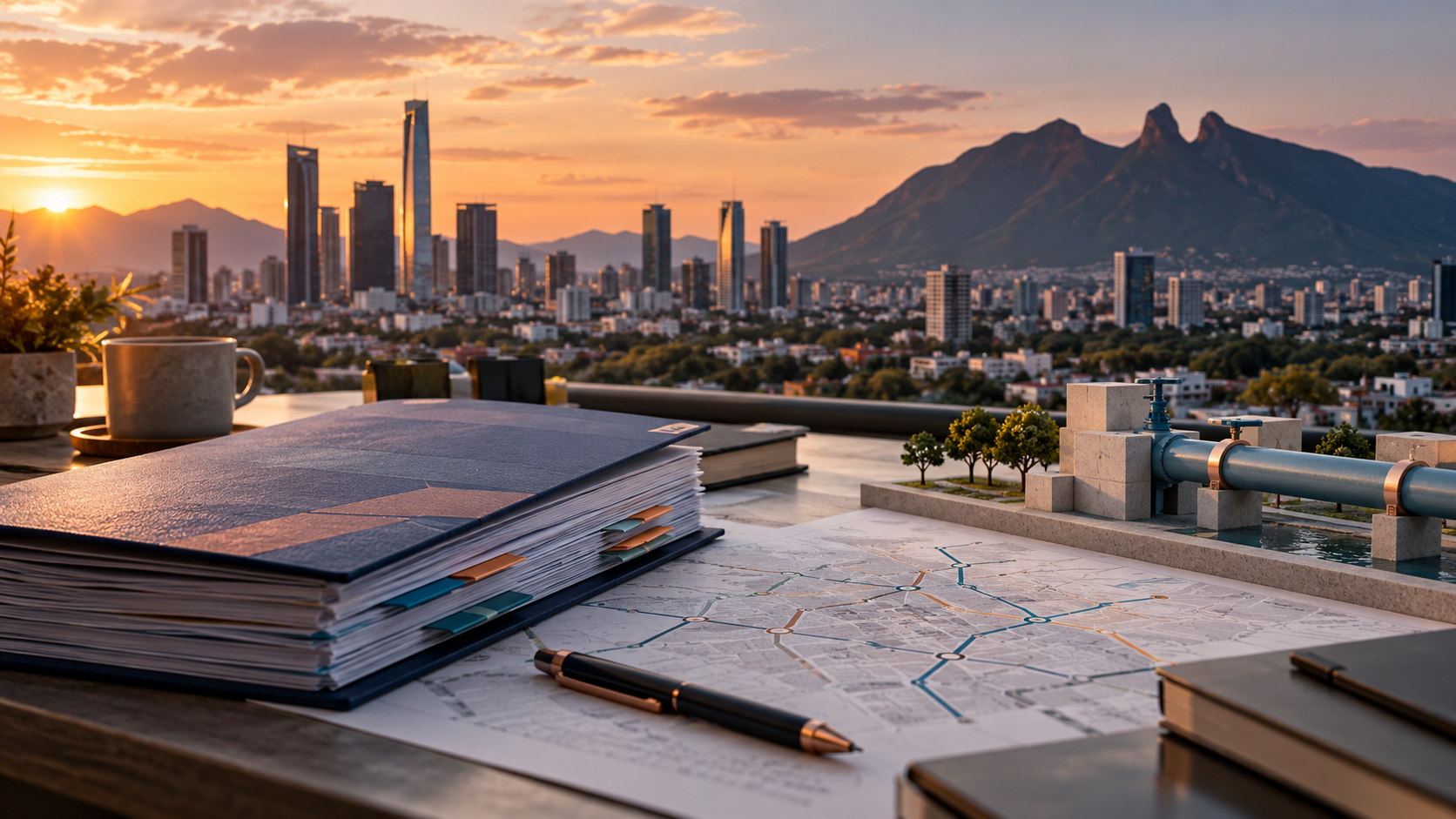 Illustration de synthèse générée par IA : un dossier budgétaire, un plan de transport abstrait et une maquette de conduite d’eau devant une silhouette de Monterrey et le Cerro de la Silla.