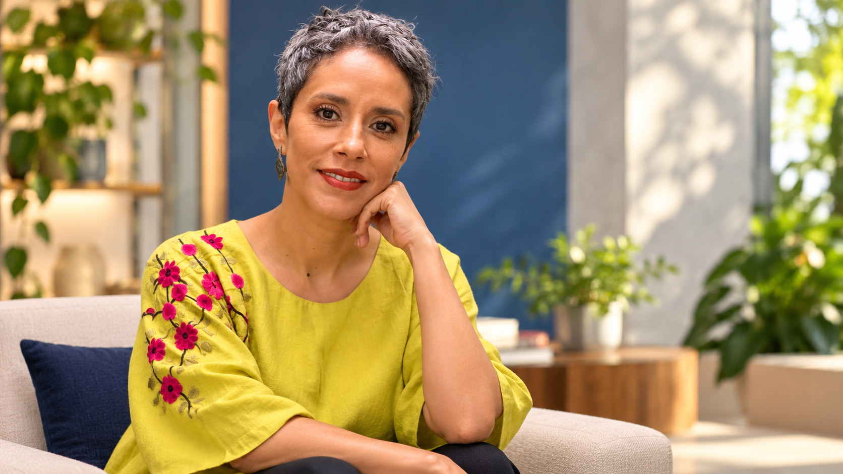 Portrait éditorial de synthèse généré par IA de Tania Morales Olvera, assise dans un intérieur contemporain lumineux évoquant un espace de dialogue.