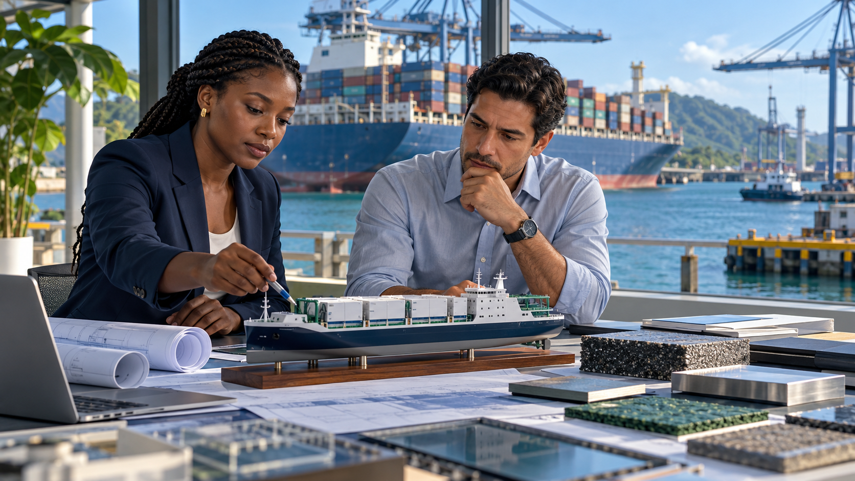 Illustration de synthèse générée par IA : une ingénieure maritime libérienne noire et un analyste panaméen fictifs examinent une maquette de navire et des matériaux dans un espace de travail ouvert sur un port tropical.