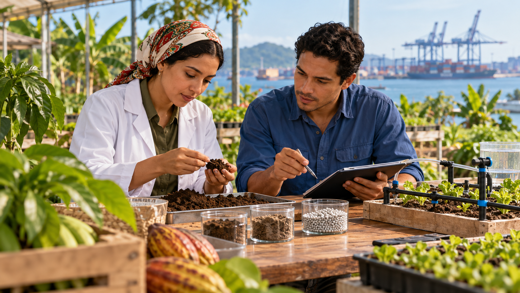 Illustration de synthèse générée par IA : une agronome marocaine et un ingénieur panaméen fictifs étudient des échantillons de sol, des granulés d’engrais et un dispositif pédagogique d’irrigation sous une serre ouverte.