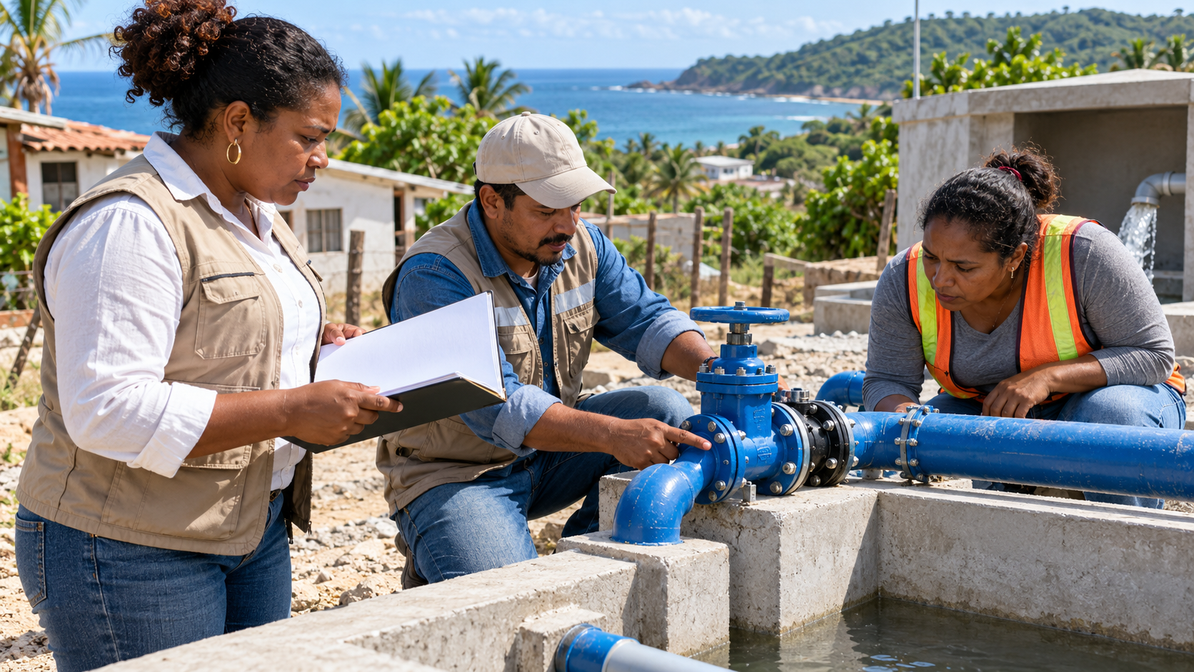 Illustration générée par IA : une trésorière communautaire, un technicien local et une habitante examinent une installation d’adduction d’eau dans une localité afromexicaine fictive. Aucun chantier financé en 2027 représenté.