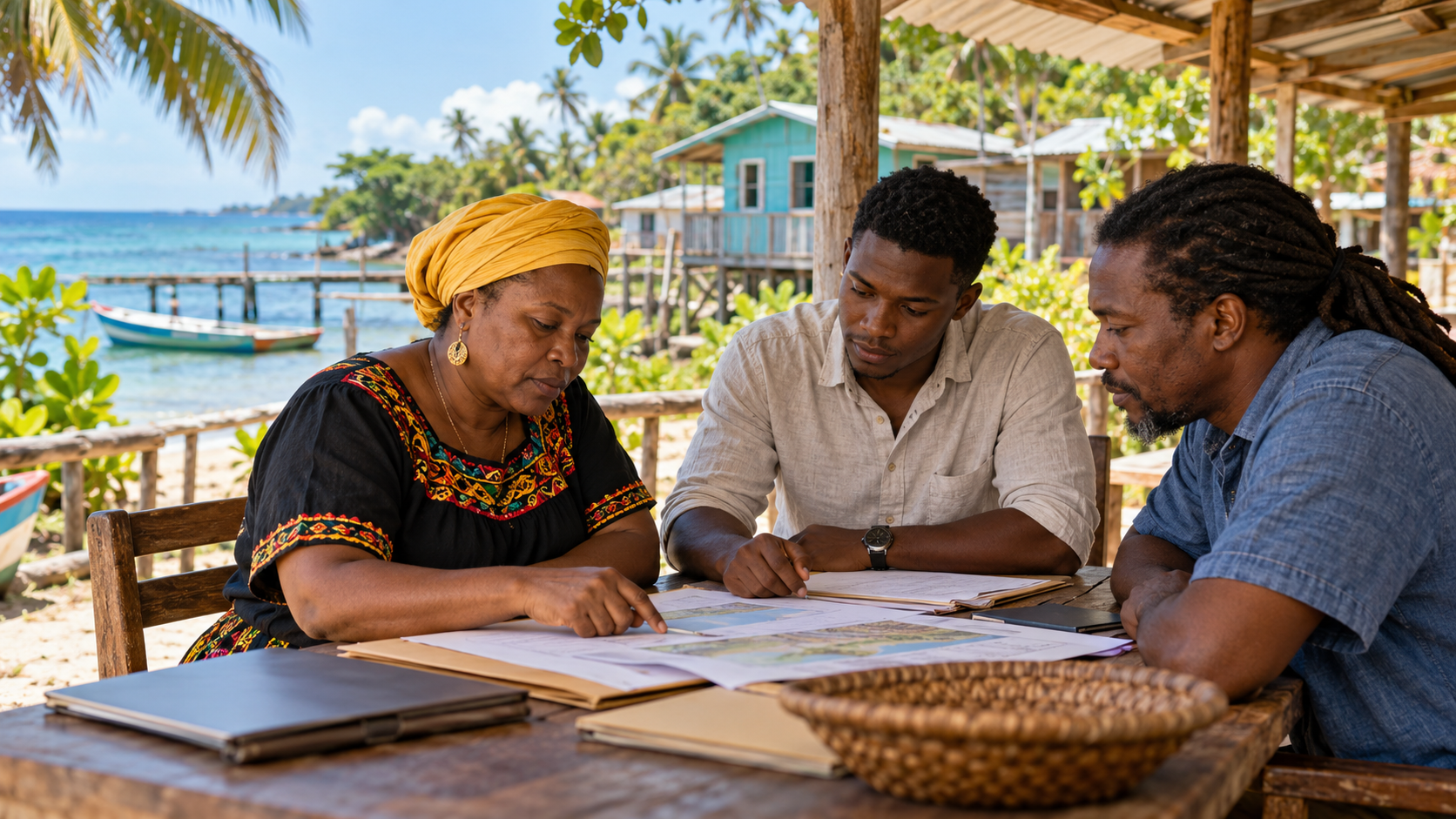 Illustration générée par IA : trois adultes garifunas fictifs étudient un dossier foncier sous un auvent de la côte hondurienne. Aucune arrestation, audience ou personne réelle représentée.