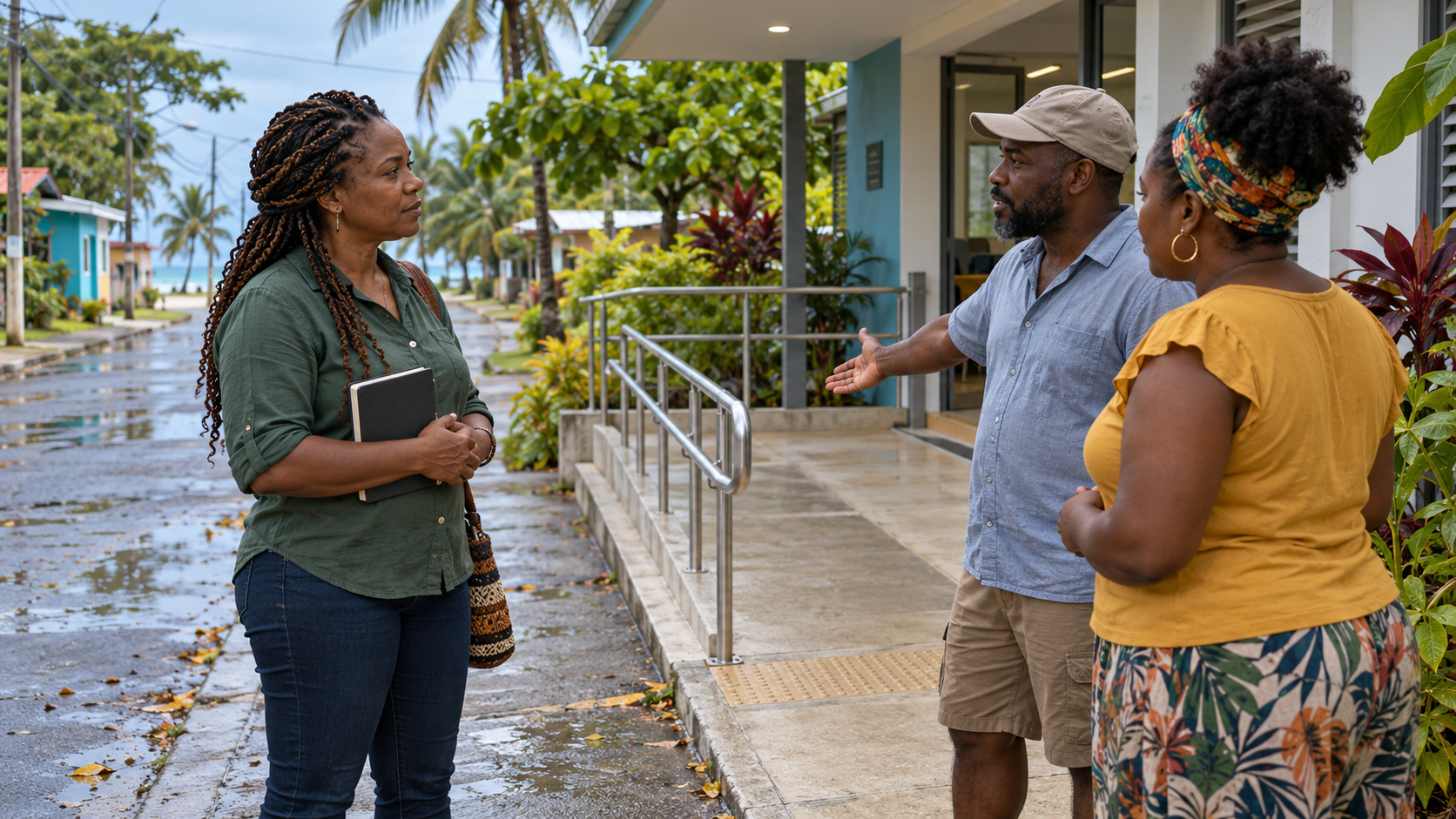 Illustration de synthèse générée par IA : une femme afrocostaricienne fictive écoute deux habitants afrodescendants près d’un accès aménagé à un service public inspiré de Cahuita.