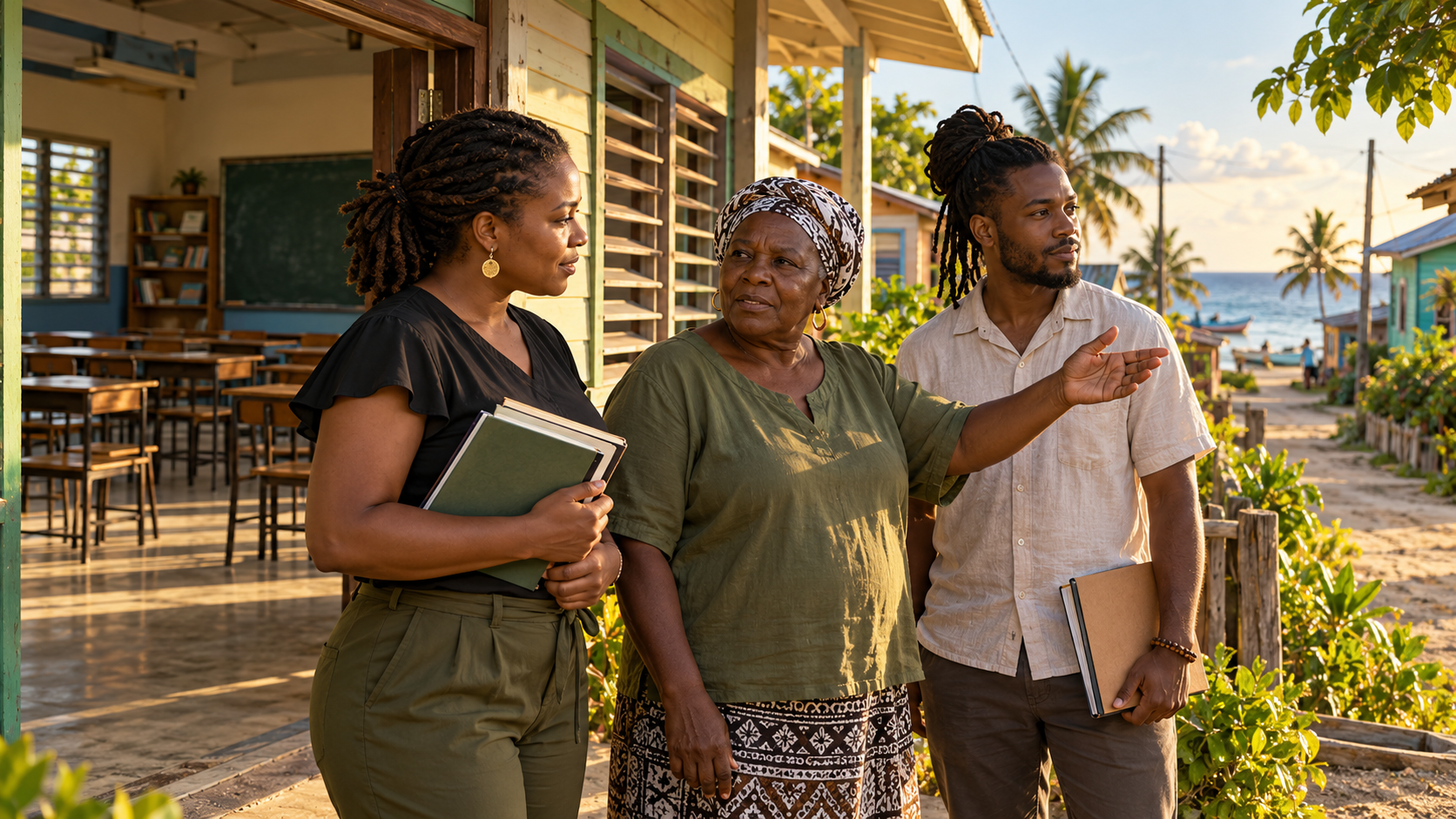 Illustration générée par IA : une enseignante garifuna, une responsable communautaire et un jeune organisateur échangent devant une école fictive au Belize.