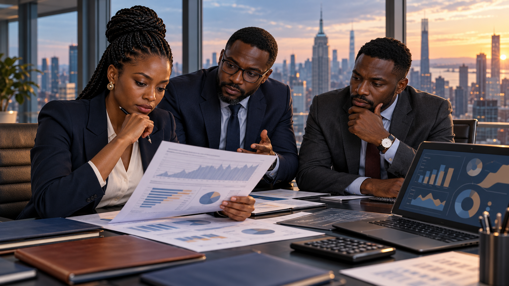 Illustration de synthèse générée par IA : une économiste africaine et deux collègues fictifs analysent des dossiers obligataires dans un bureau new-yorkais. Aucune réunion réelle n’est représentée.