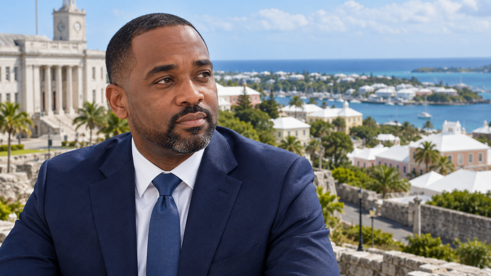 Portrait de synthèse généré par IA de David Burt en costume bleu sombre, dans une mise en scène fictive inspirée de Hamilton aux Bermudes, devant une façade administrative et des maisons aux toits blancs.
