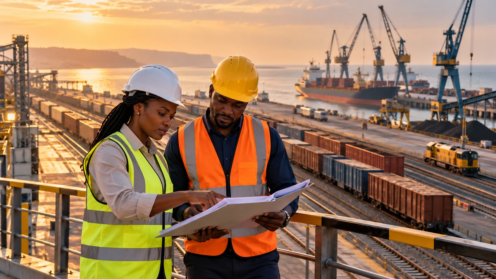 Illustration de synthèse générée par IA : une ingénieure et un responsable logistique africains fictifs examinent un dossier technique dans un terminal ferroviaire et portuaire inspiré du littoral angolais.