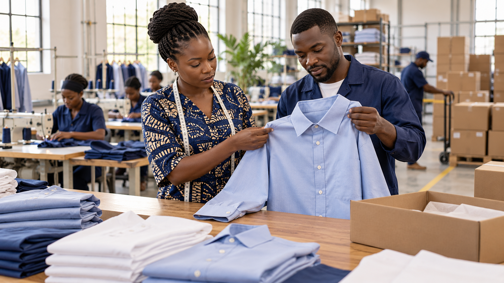 Illustration de synthèse générée par IA : une responsable et un collègue africains fictifs contrôlent la finition d’une chemise dans un atelier textile préparant ses exportations.