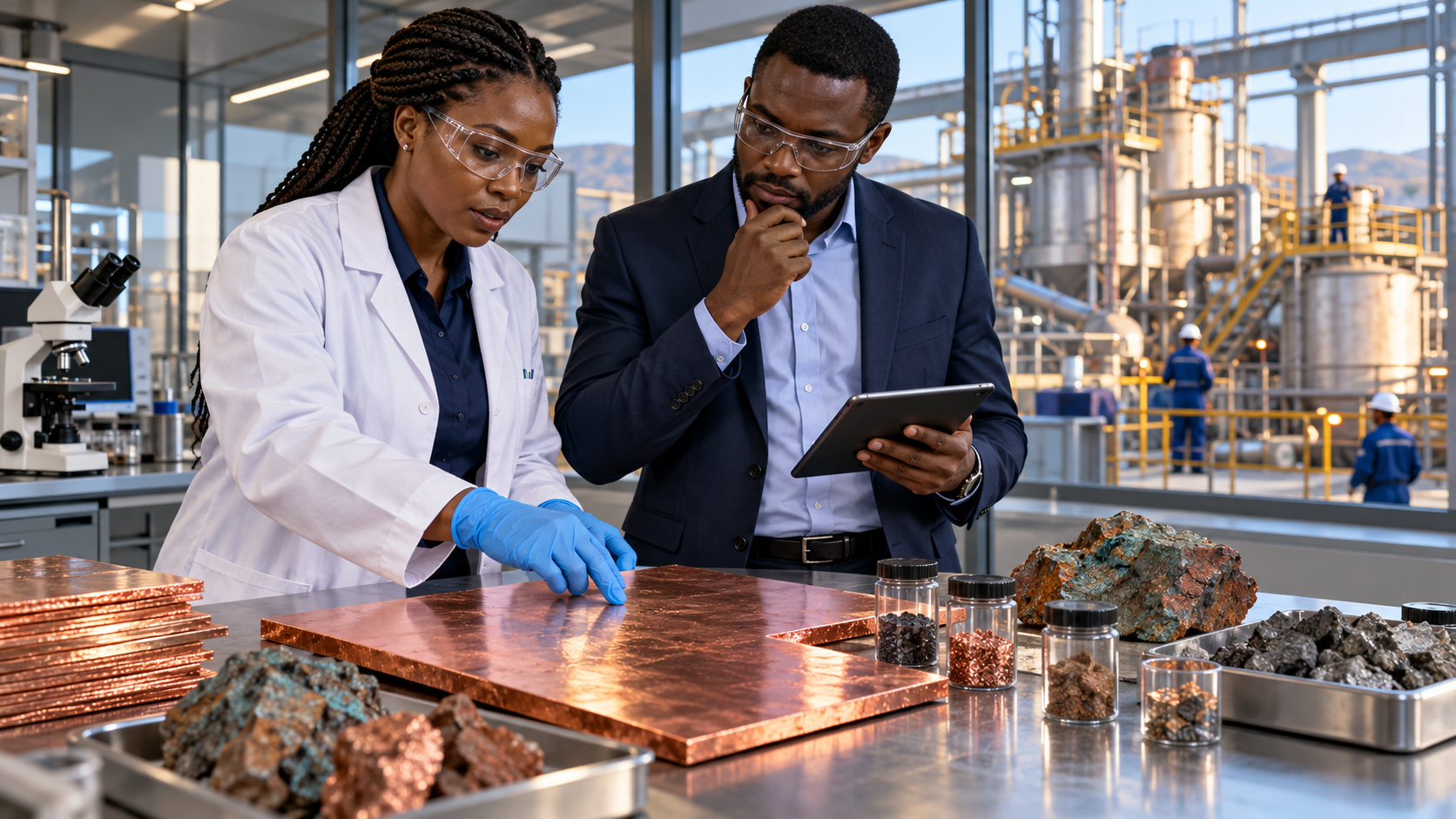 Illustration générée par IA : une ingénieure métallurgiste noire et un analyste africain examinent du cuivre affiné et des minerais dans un laboratoire. Personnages et site fictifs.
