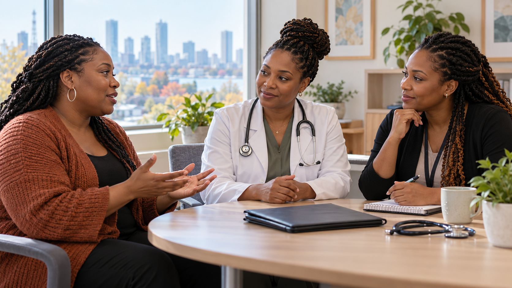 Illustration générée par IA : une patiente noire échange avec une médecin noire et une médiatrice de santé noire dans un centre communautaire fictif en Ontario. Aucune consultation réelle représentée.