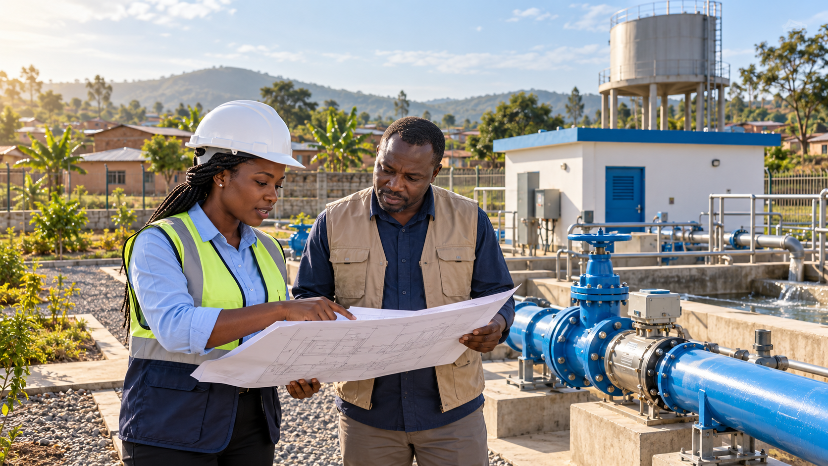 Une ingénieure africaine et un responsable local étudient un plan près d’une installation de distribution d’eau. Scène fictive de synthèse générée par IA.