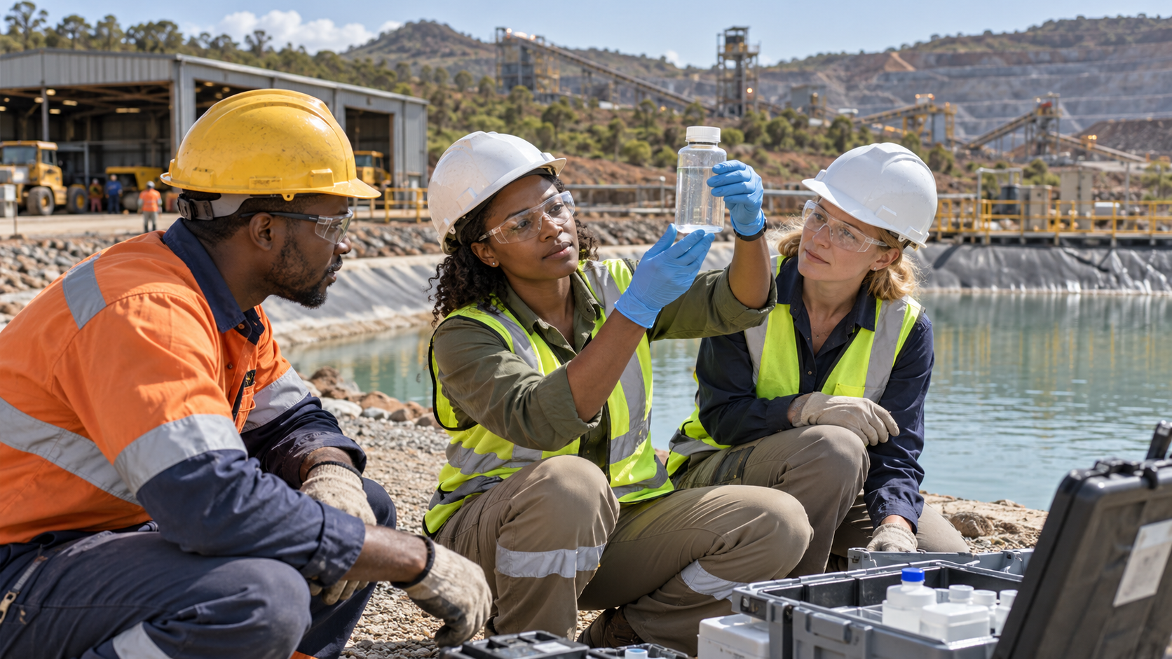 Une ingénieure environnementale africaine examine un prélèvement d’eau avec un professionnel local et une collègue canadienne sur un site minier fictif. Illustration de synthèse générée par IA.