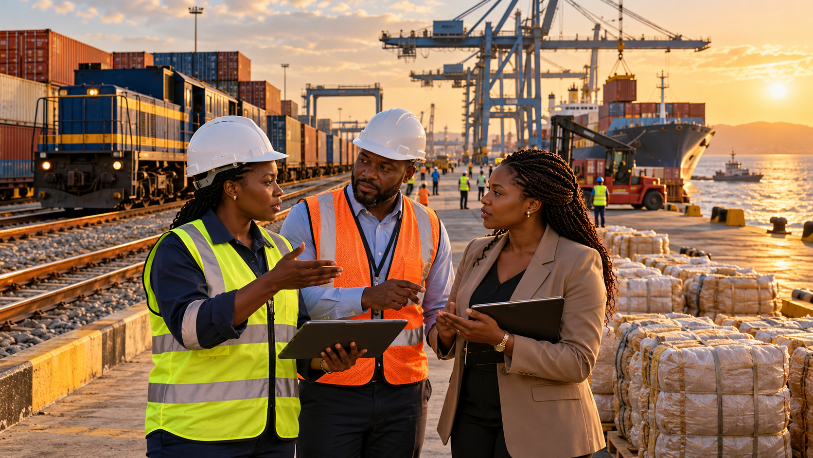 Illustration générée par IA : une ingénieure ferroviaire angolaise, un responsable logistique et une entrepreneuse africaine échangent dans un terminal fictif inspiré de Lobito. Aucun chantier ou événement réel représenté.