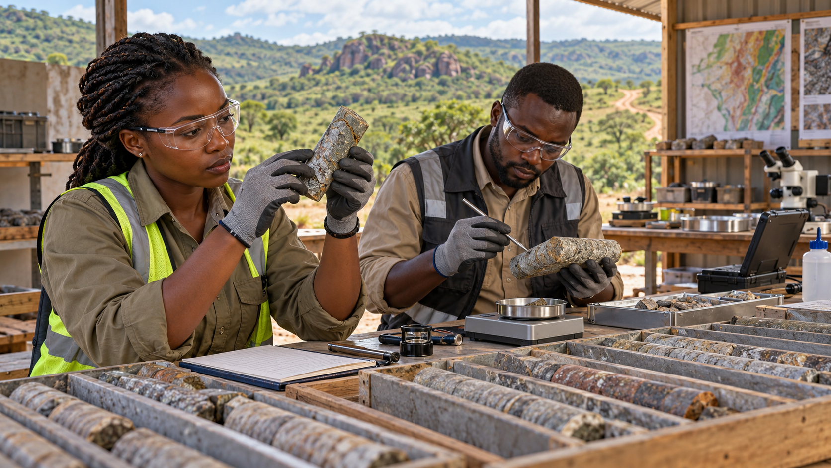 Illustration de synthèse générée par IA : une géologue et un ingénieur africains fictifs examinent des carottes de roche dans un laboratoire de terrain inspiré du nord-ouest tanzanien.