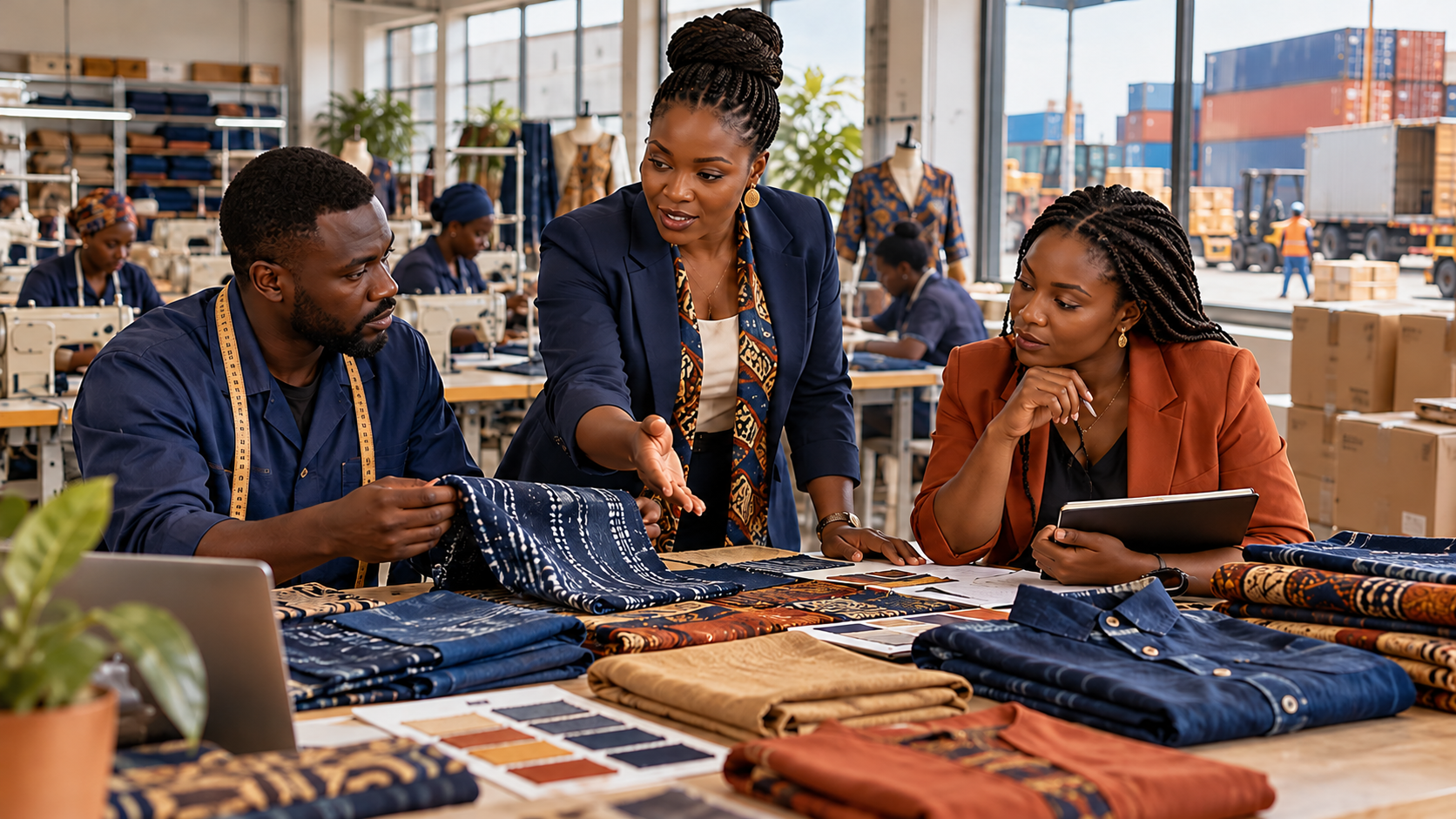 Illustration de synthèse générée par IA : une dirigeante industrielle africaine, un responsable de production et une négociatrice commerciale fictifs examinent des tissus dans un atelier textile inspiré de l’Afrique de l’Est.