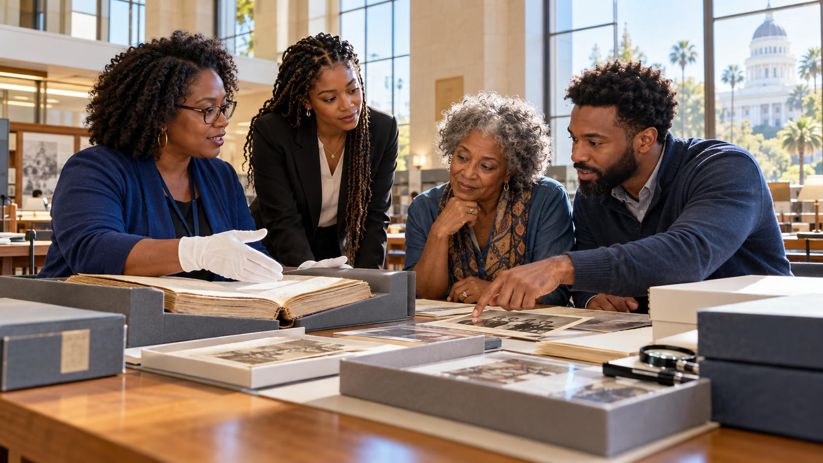 Illustration de synthèse générée par IA : une archiviste noire, une juriste noire et deux adultes afro-américains de générations différentes examinent des registres et des photographies familiales fictifs dans une salle d’archives californienne imaginaire.