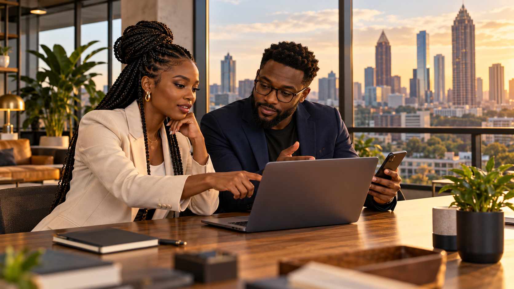 Illustration de synthèse générée par IA : une entrepreneure de la diaspora africaine et un spécialiste des paiements fictifs conçoivent un service autour d’un ordinateur et d’un téléphone dans un espace inspiré d’Atlanta.
