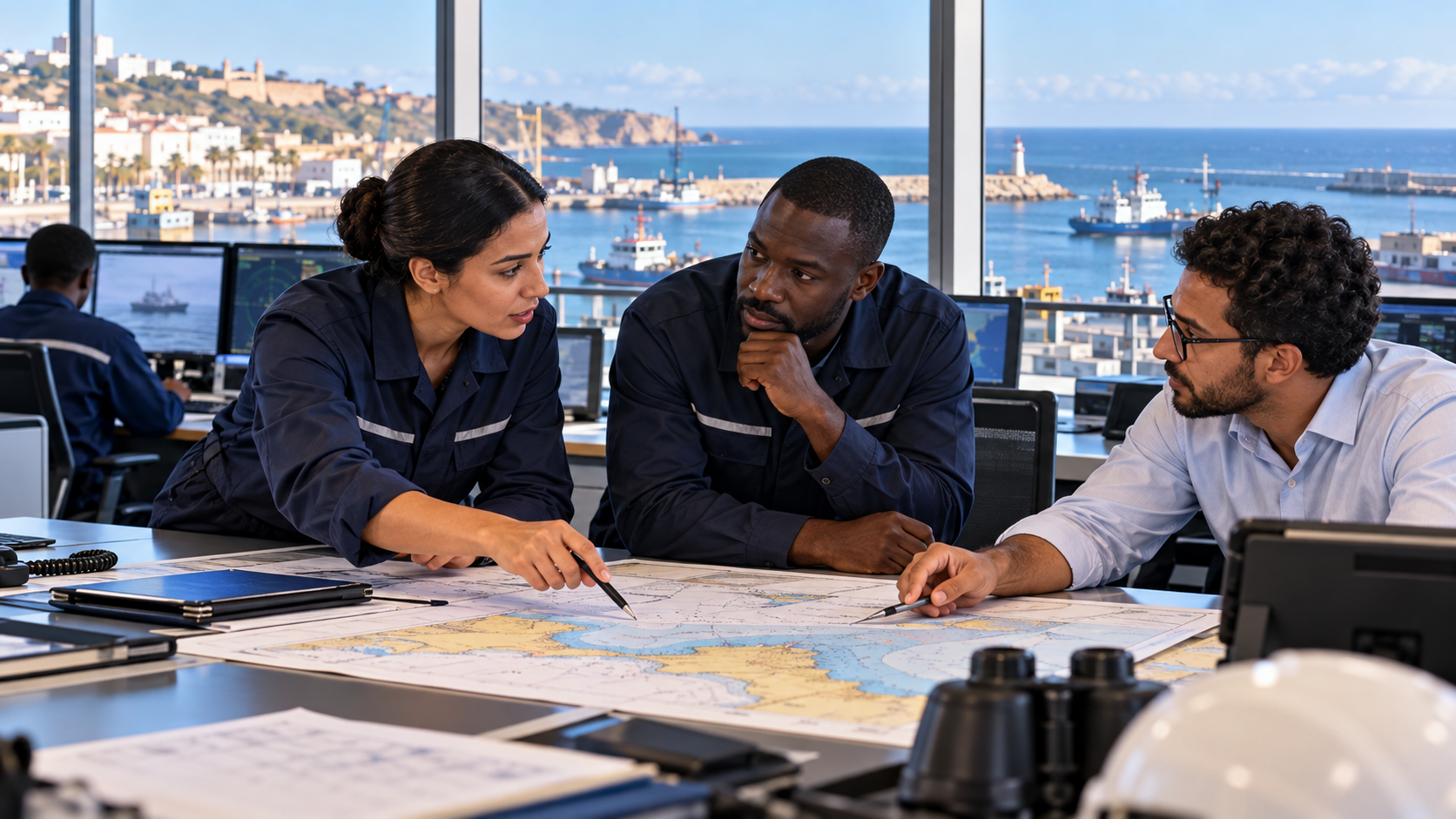 Illustration générée par IA : des professionnels africains et un spécialiste civil discutent dans un centre maritime fictif inspiré du littoral marocain. Aucune séance réelle de l’AMFS représentée.