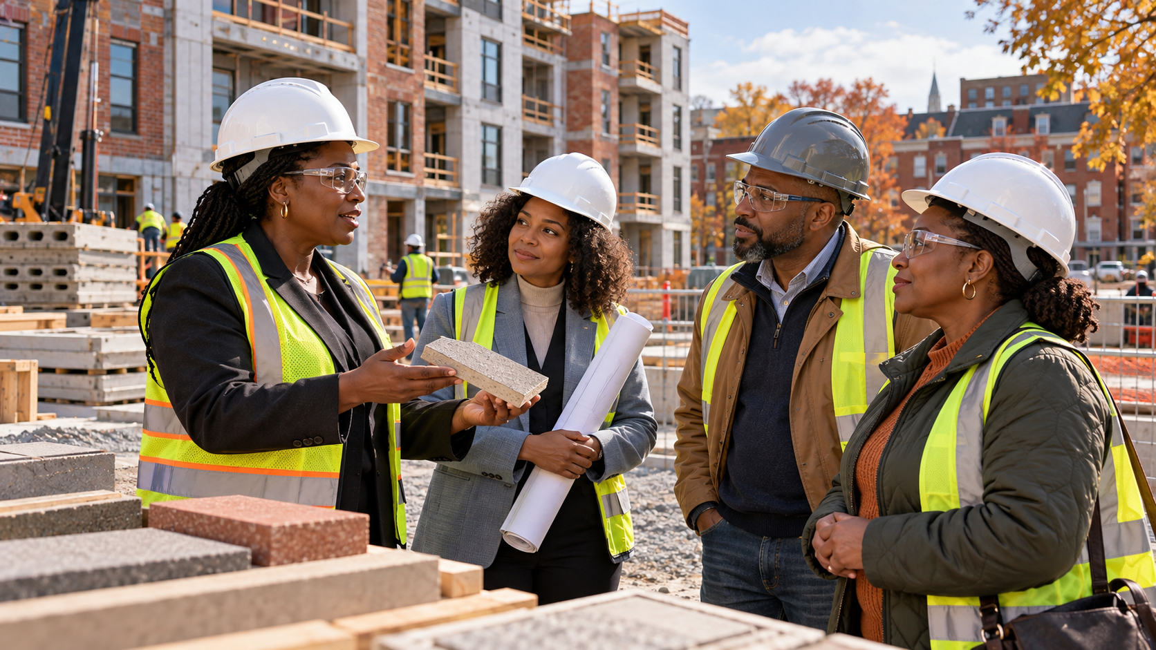 Illustration de synthèse générée par IA : une dirigeante noire de la construction présente un matériau à une architecte noire et à deux futurs habitants fictifs dans une zone de visite protégée d’un chantier résidentiel inspiré du Maryland.
