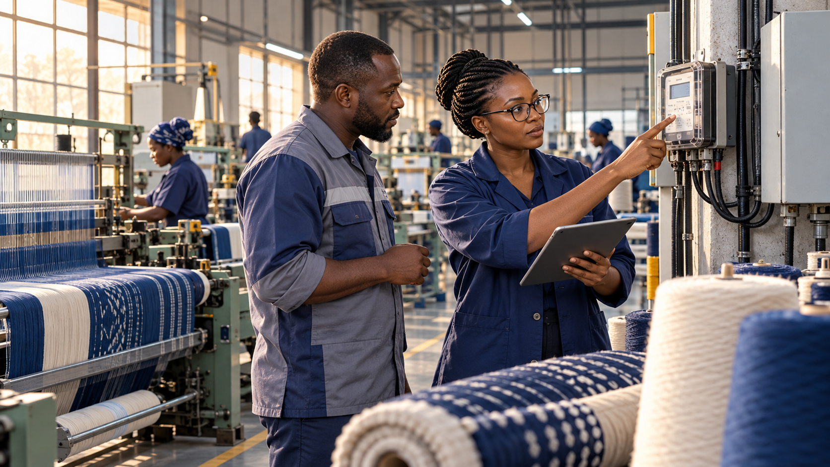 Illustration générée par IA : une ingénieure africaine et un responsable de production examinent un compteur d’énergie dans un atelier textile entièrement fictif. Aucune inspection ou certification réelle représentée.