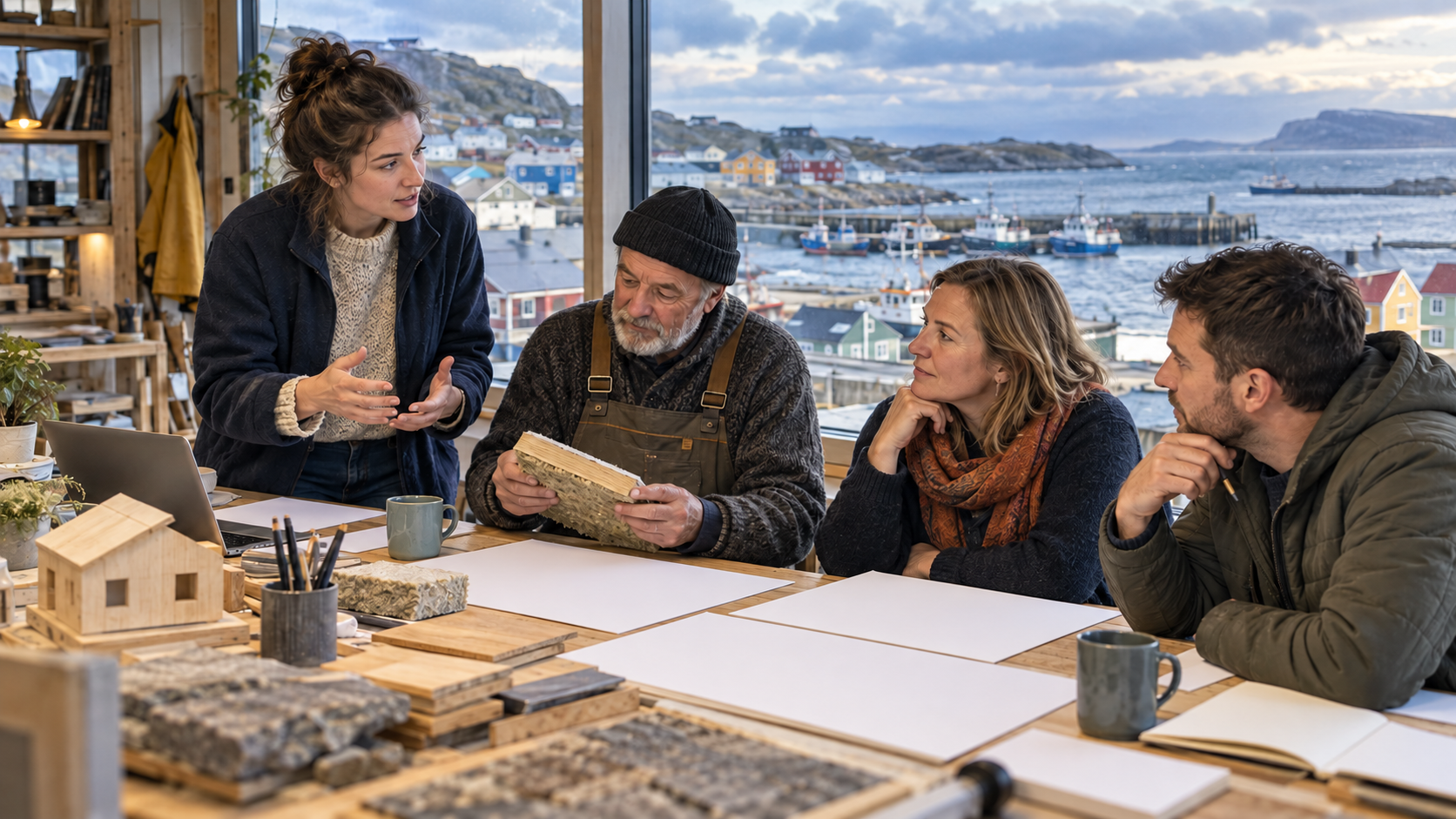 Illustration générée par IA : quatre habitants fictifs échangent sur l’activité économique et le logement dans un atelier inspiré de Saint-Pierre-et-Miquelon. Aucun projet réel présenté comme achevé.