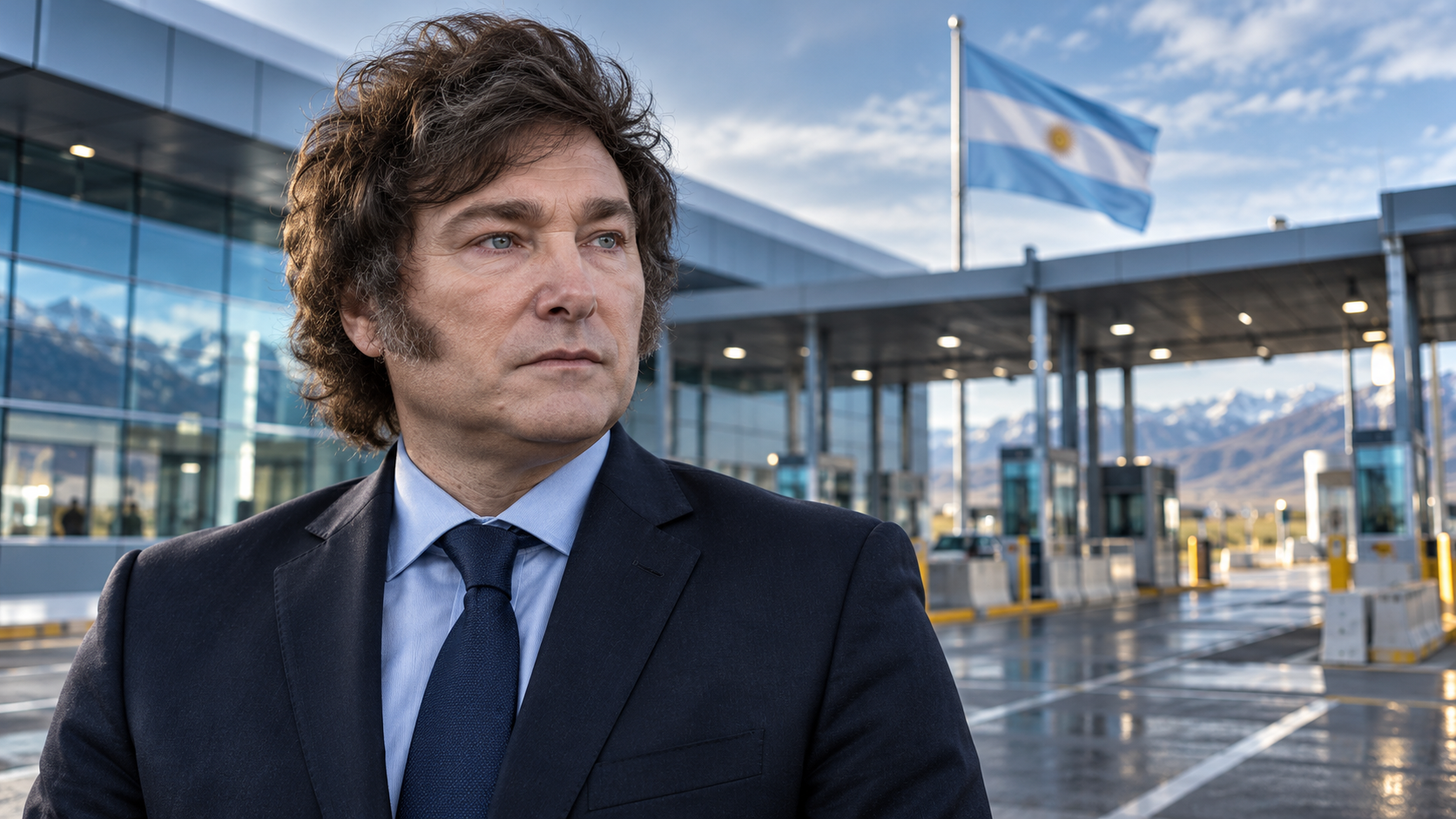Portrait de synthèse de Javier Milei devant un cadre frontalier argentin fictif. Illustration éditoriale générée par IA, sans représentation d’un événement réel.