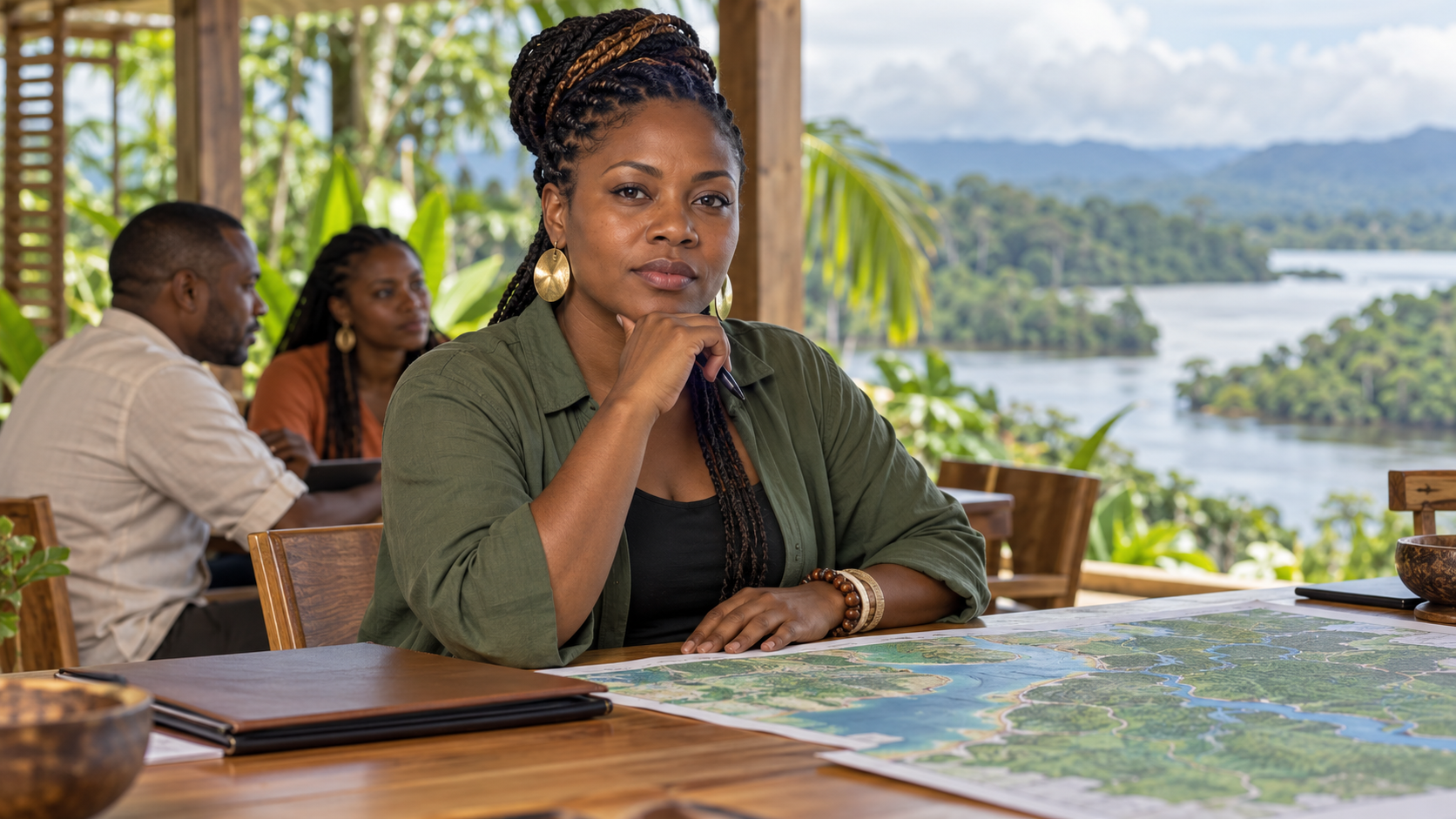 Illustration de synthèse générée par IA : une représentante communautaire afro-colombienne fictive travaille dans un espace collectif ouvert sur un paysage fluvial et forestier.