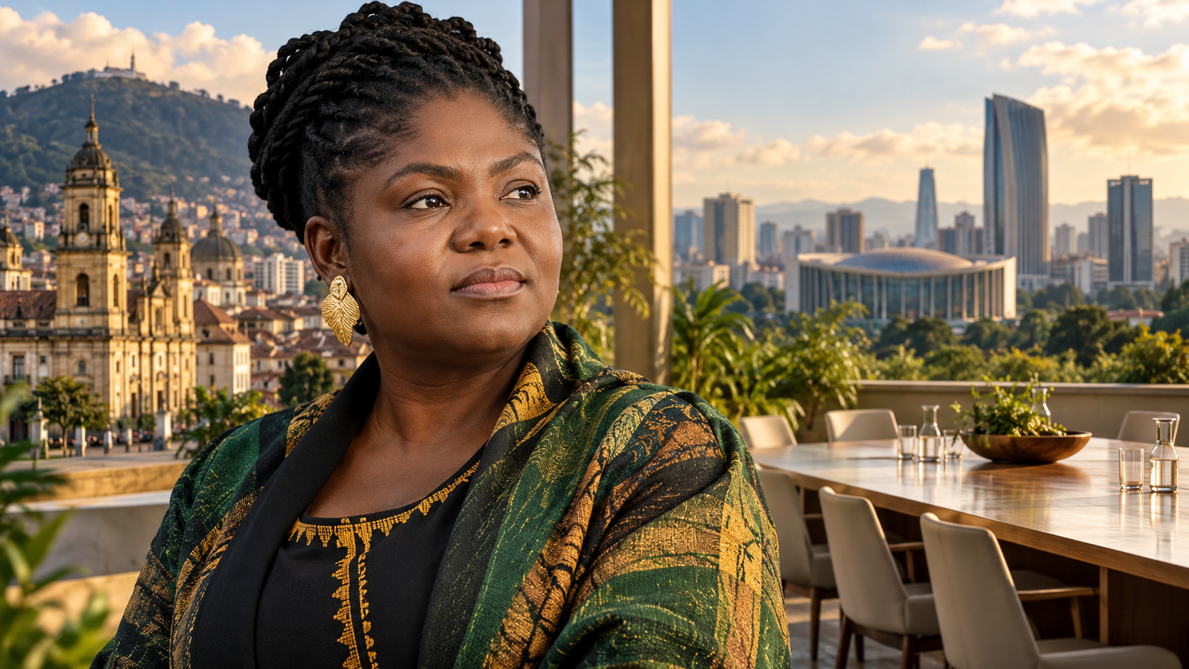Portrait de synthèse généré par IA de Francia Márquez, avec une composition conceptuelle évoquant Bogotá, Addis-Abeba et le dialogue Sud-Sud. Aucun événement réel représenté.
