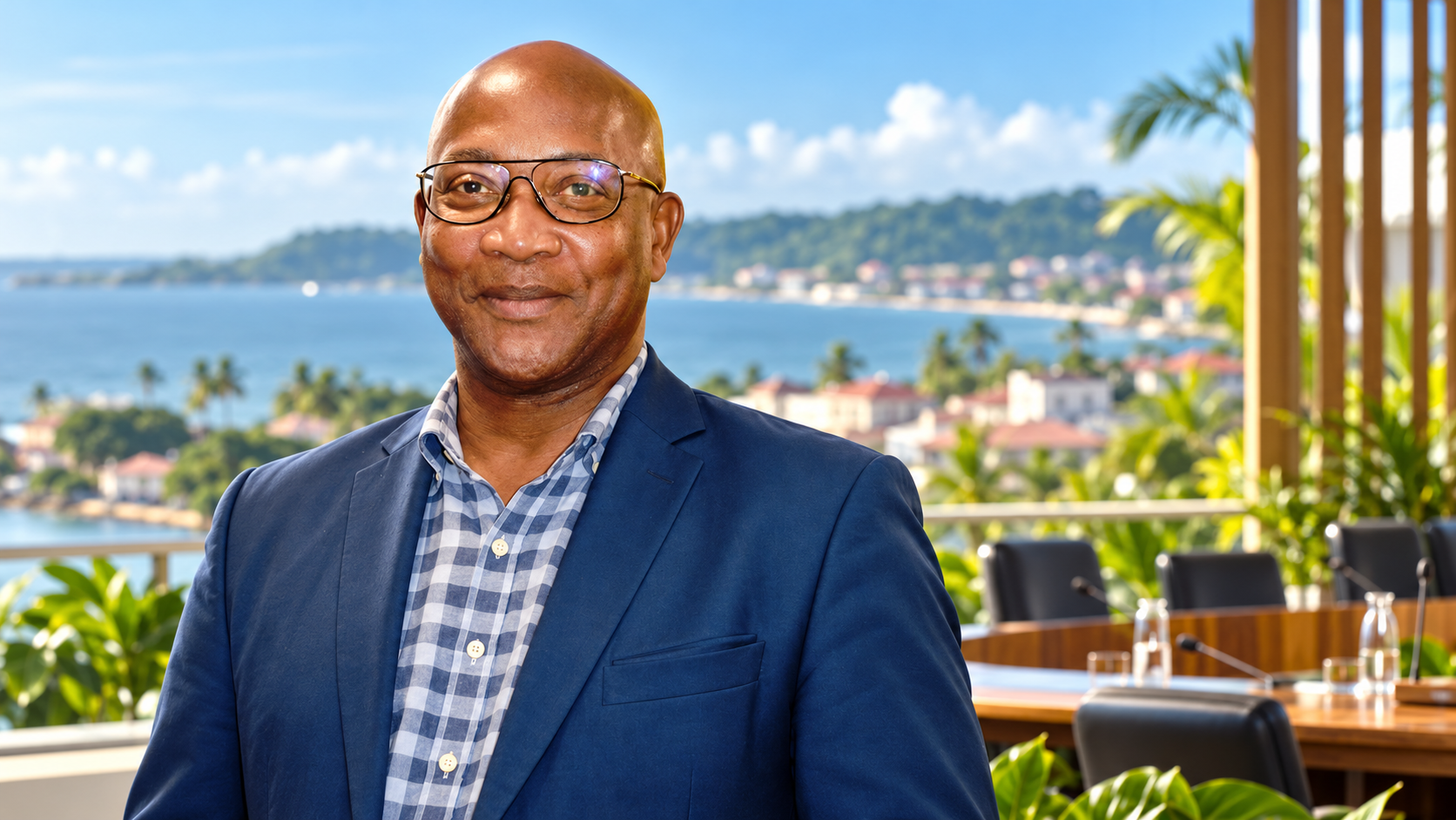Portrait de synthèse de Gabriel Serville avec une évocation fictive du littoral de Cayenne et d’un espace de dialogue caribéen. Image générée par IA, sans événement réel reconstitué.