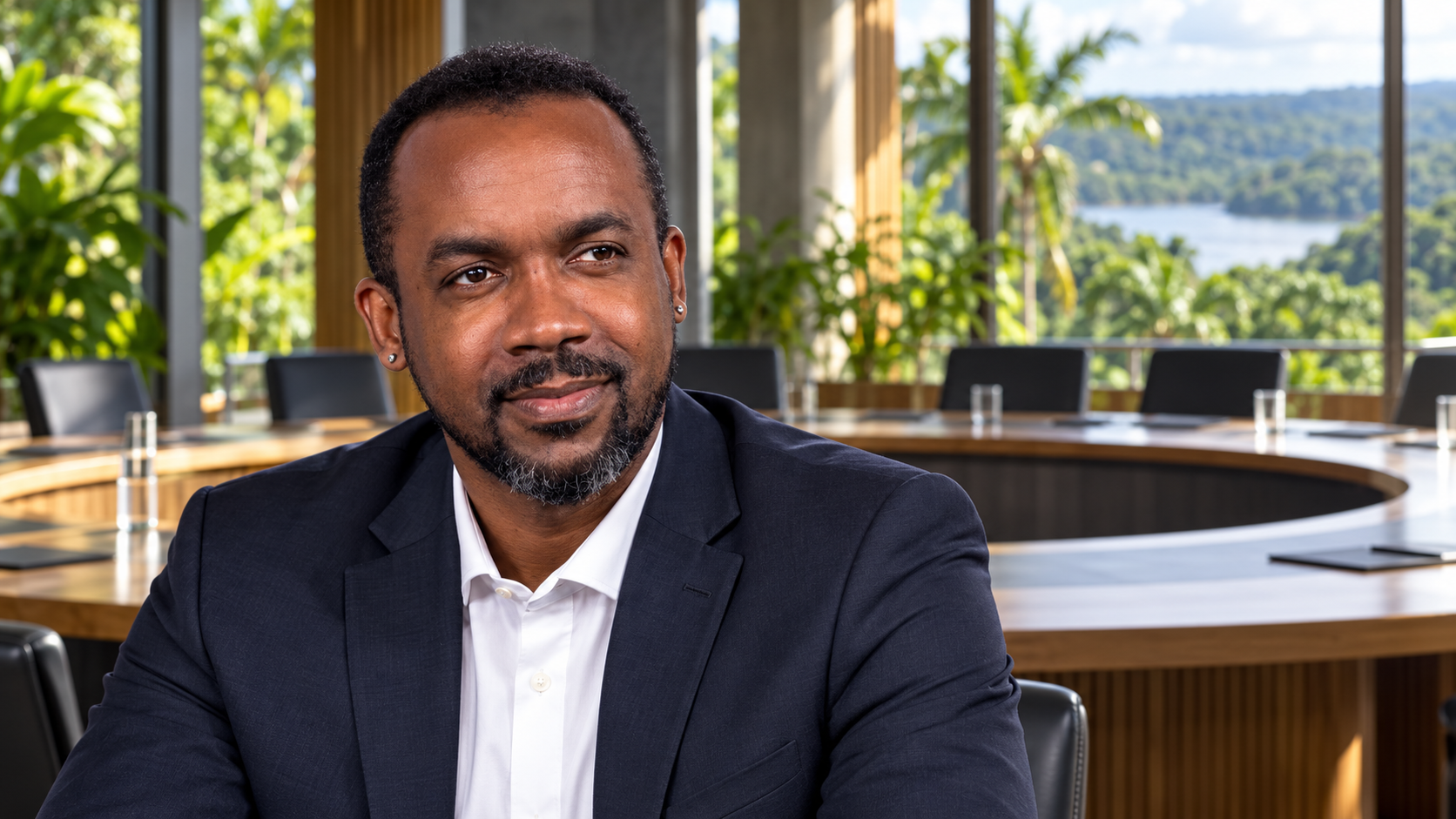 Portrait de synthèse de Davy Rimane généré par IA dans une salle de délibération fictive en Guyane. Aucune réunion réelle n’est représentée.