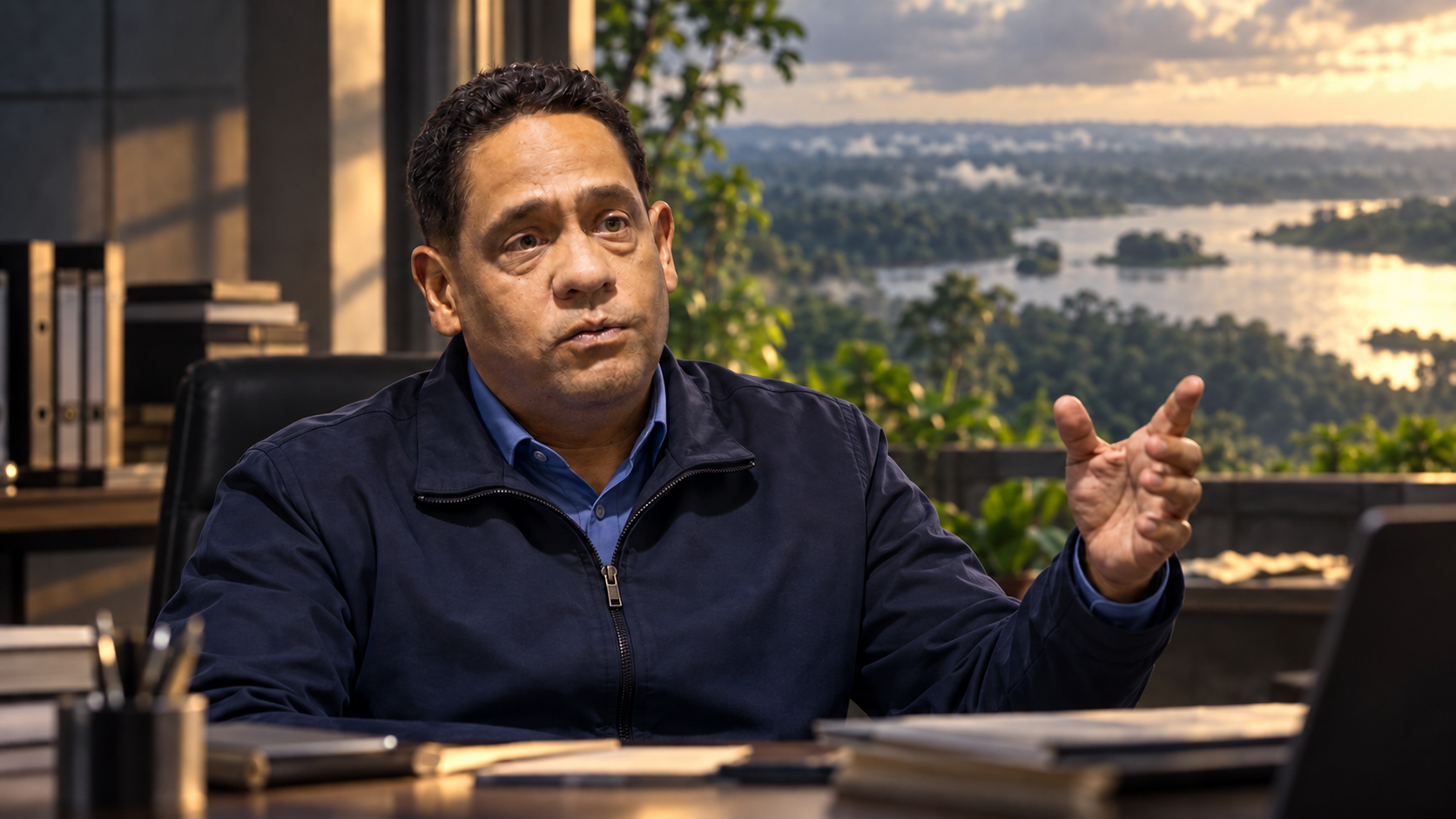 Portrait de synthèse de Neil Villamizar généré par IA dans un bureau fictif ouvert sur une forêt et une rivière non localisées. Aucune opération réelle n’est représentée.