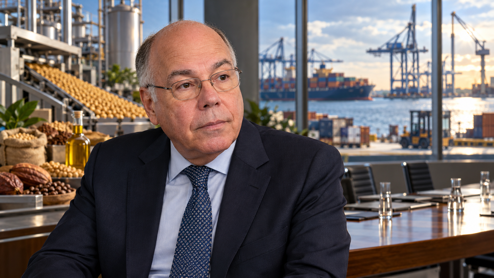 Portrait de synthèse généré par IA de Mauro Vieira, devant une composition conceptuelle évoquant un espace de négociation vide, la transformation agro-industrielle et la logistique portuaire. Aucun événement réel représenté.