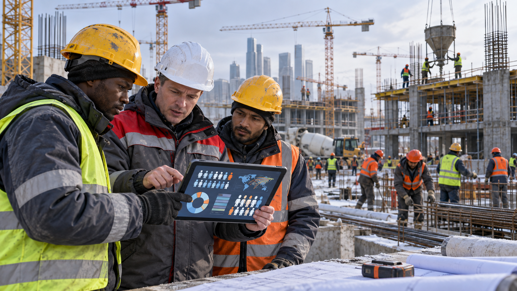 Illustration de synthèse : responsable et travailleurs étrangers consultant un tableau des effectifs sur un chantier russe fictif.