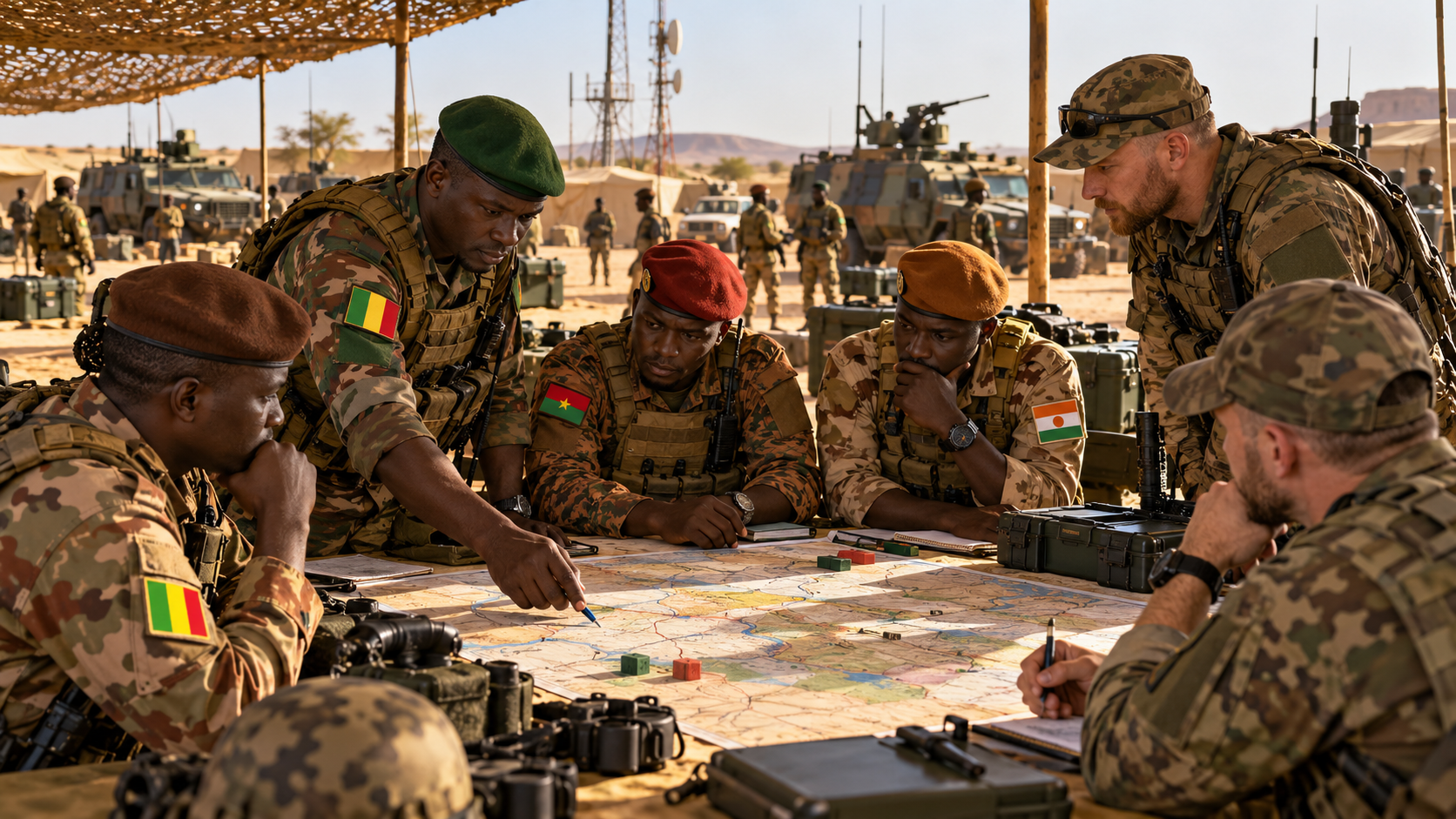 Illustration de synthèse : officiers sahéliens et conseillers russes réunis autour d’une carte dans une base militaire fictive.