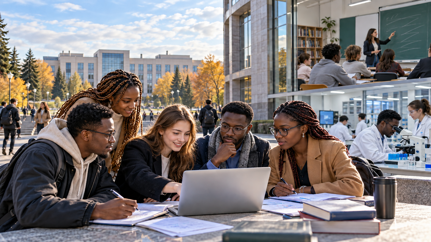 Illustration de synthèse : étudiants africains et russes travaillant ensemble sur un campus fictif, avec cours de langue et laboratoire.