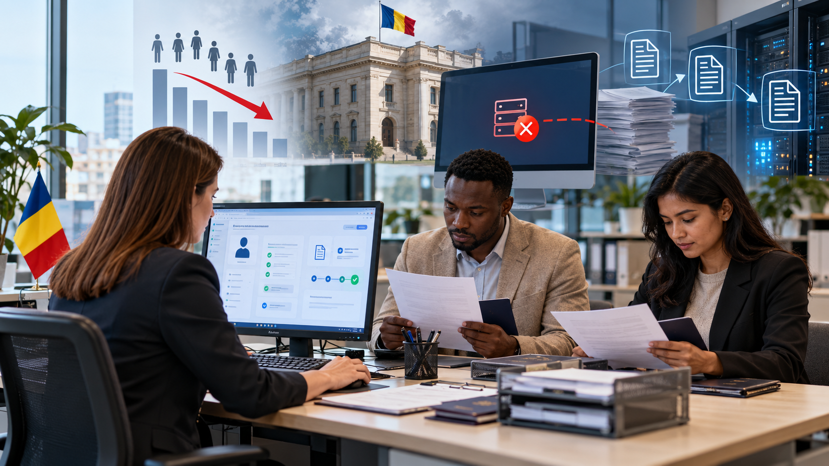 Illustration de synthèse : deux travailleurs étrangers consultent leurs dossiers dans un bureau roumain, avec une évocation des procédures numériques.