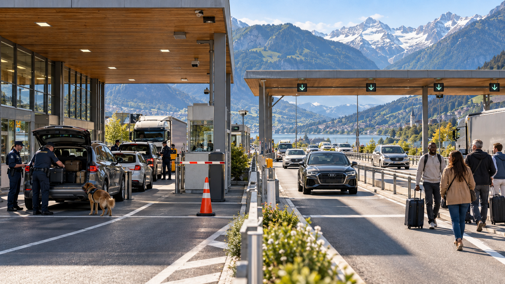 Illustration de synthèse d’un poste-frontière suisse, de voyageurs et de contrôles routiers ; scène fictive.