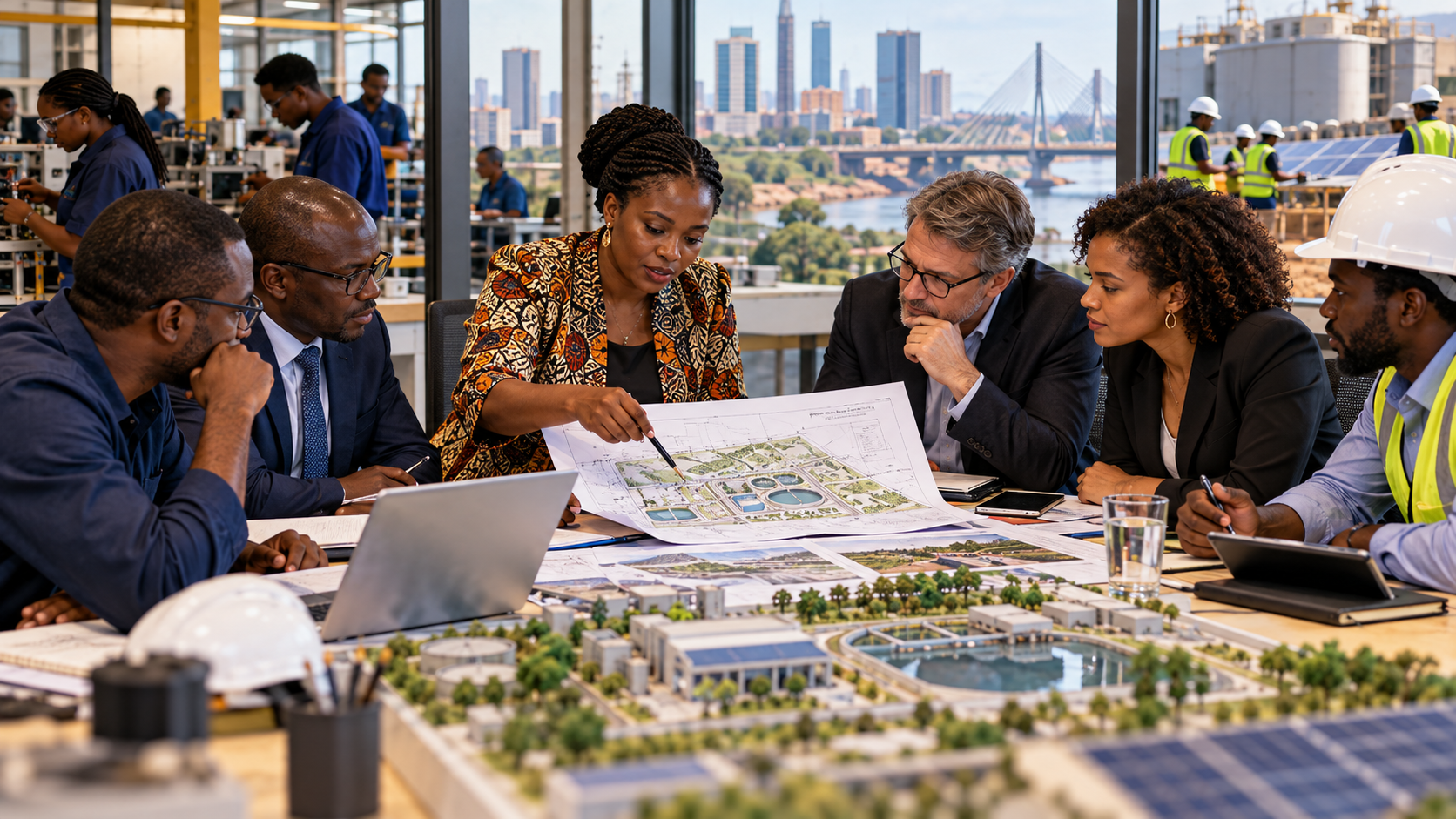 Illustration de synthèse d’une réunion de travail entre partenaires africains et suisses ; personnes fictives.